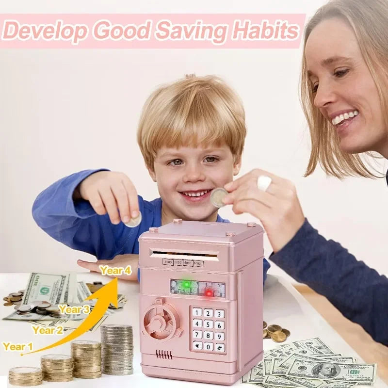 A child is shown using a pink combination lock piggy bank to save money, with various coins and bills nearby.