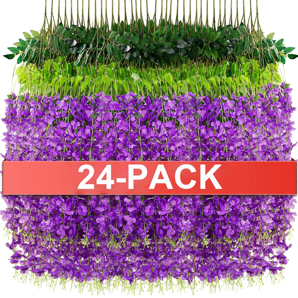 Un paquet de 24 guirlandes de fleurs de wisteria artificielles violettes, disposées en couches.
