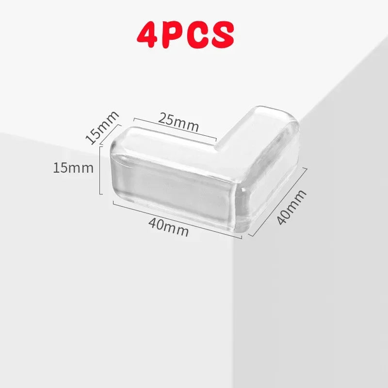 Four clear silicone corner protectors used for baby safety