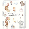 A spiral-bound journal featuring illustrations of baby animals and clouds, titled Hello little one.