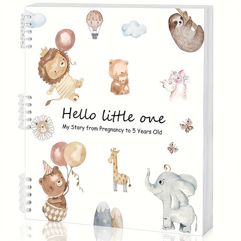 A spiral-bound journal featuring illustrations of baby animals and clouds, titled Hello little one.