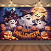 A Halloween neon backdrop featuring a spooky scene with bats, a moon, and pumpkins for a photo booth background.