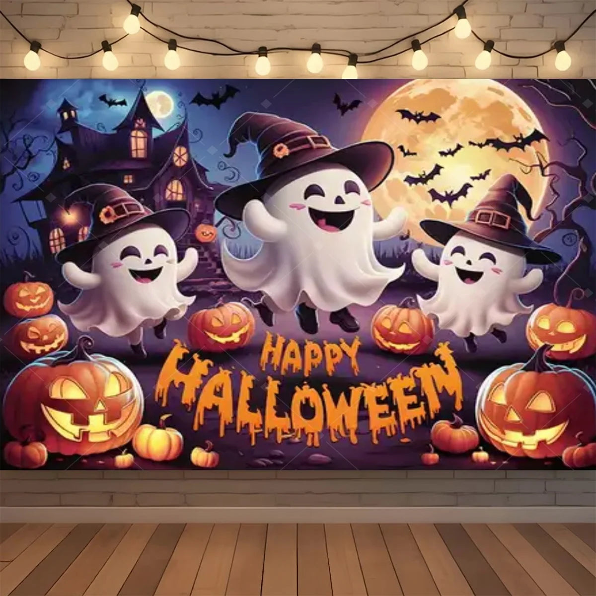 A Halloween neon backdrop featuring a spooky scene with bats, a moon, and pumpkins for a photo booth background.