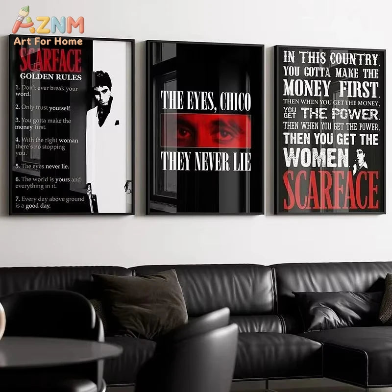 Black and white canvas wall art featuring movie poster quotes from Scarface