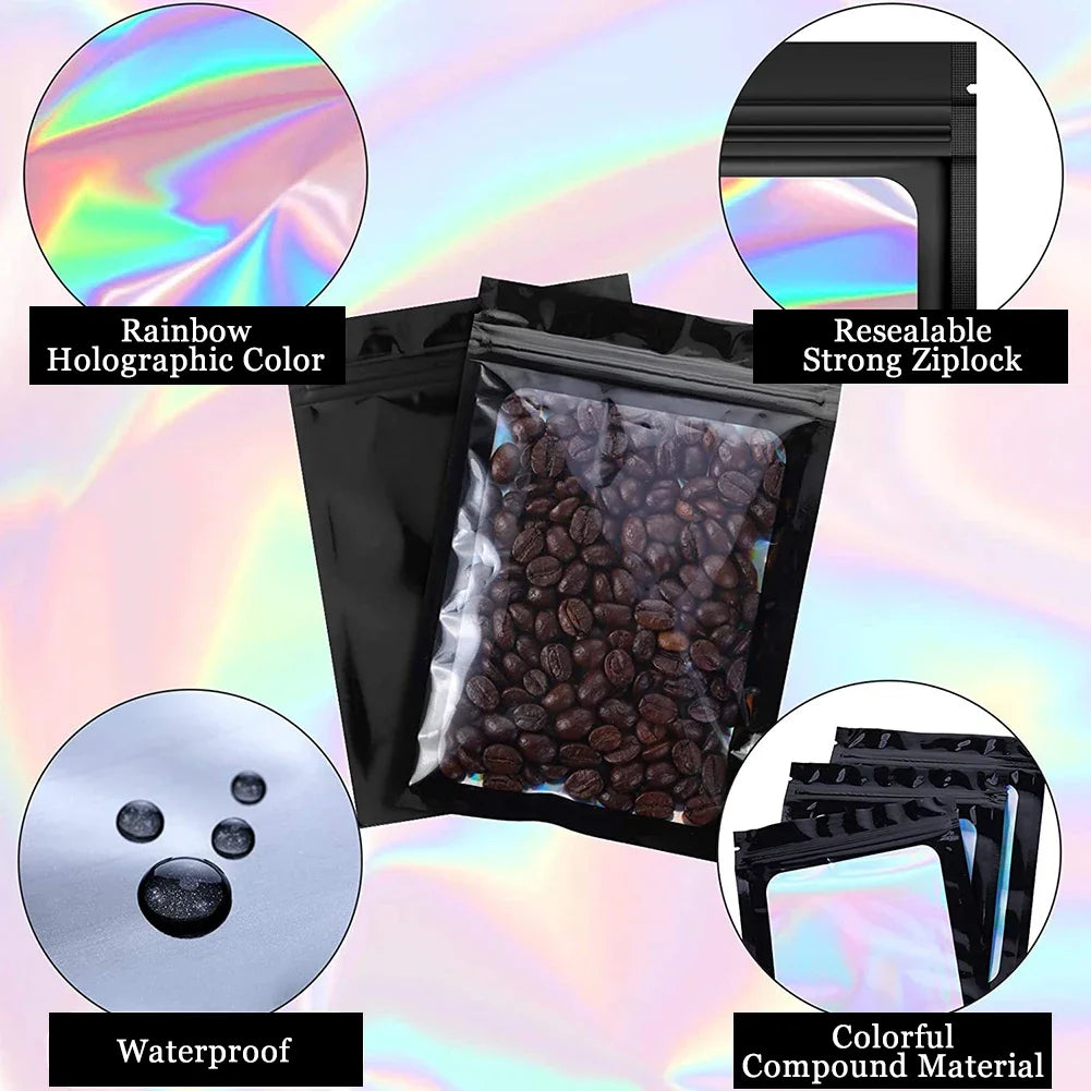 Holographic ziplock bags for jewelry and small item storage featuring waterproof and colorful compound material