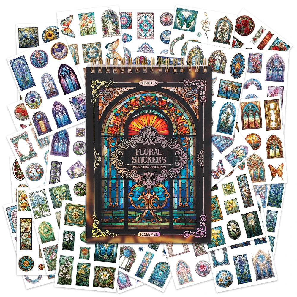 A collection of vintage floral window scrapbooking stickers featuring various flowers and botanical designs.