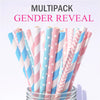 A multipack of colorful striped and polka dot paper drinking straws in various pink, blue, and white shades.