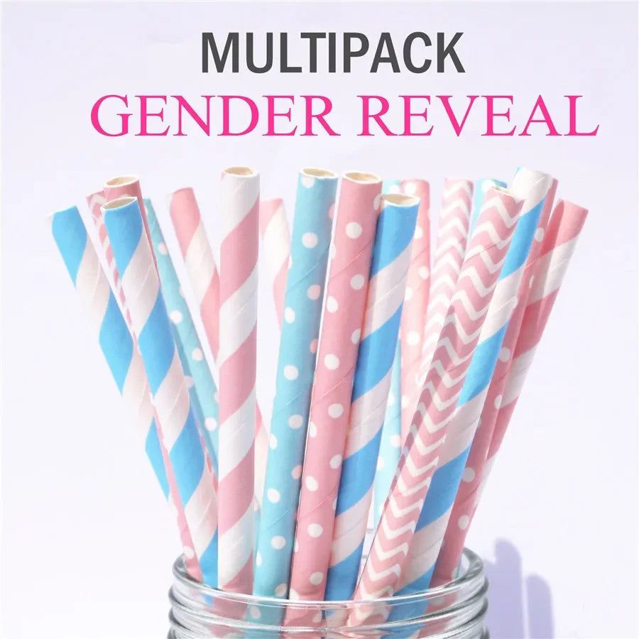 A multipack of colorful striped and polka dot paper drinking straws in various pink, blue, and white shades.