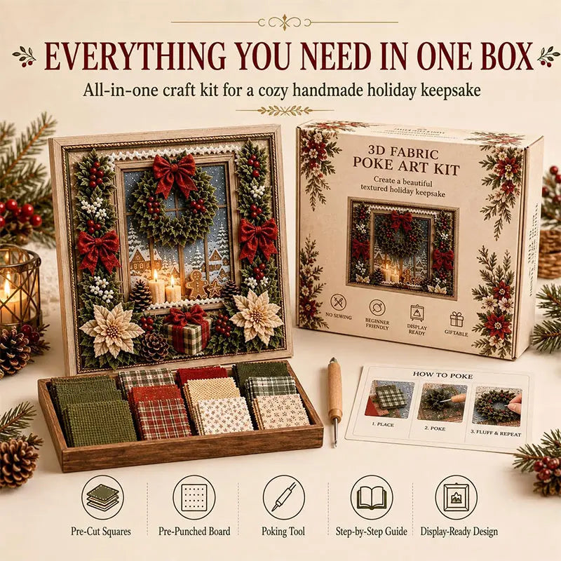 A box set of 3D fabric poke art kits featuring a winter forest scene and snowman, including materials and instructions.