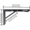 Black heavy-duty foldable wall-mounted shelf brackets showing various length options and mounting dimensions.