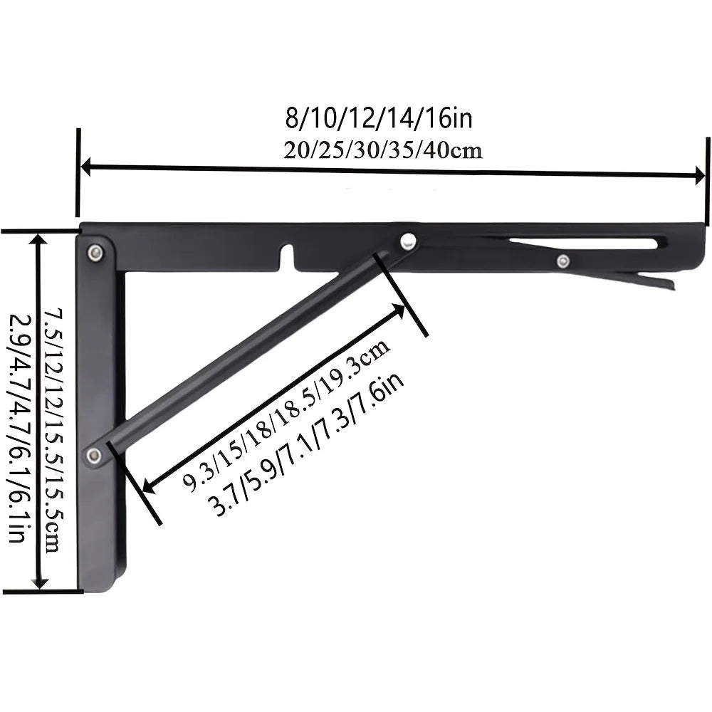 Black heavy-duty foldable wall-mounted shelf brackets showing various length options and mounting dimensions.