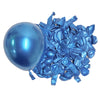 A cluster of metallic blue latex balloons scattered on a white background.