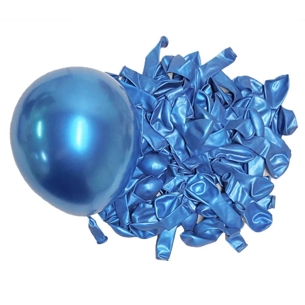 A cluster of metallic blue latex balloons scattered on a white background.