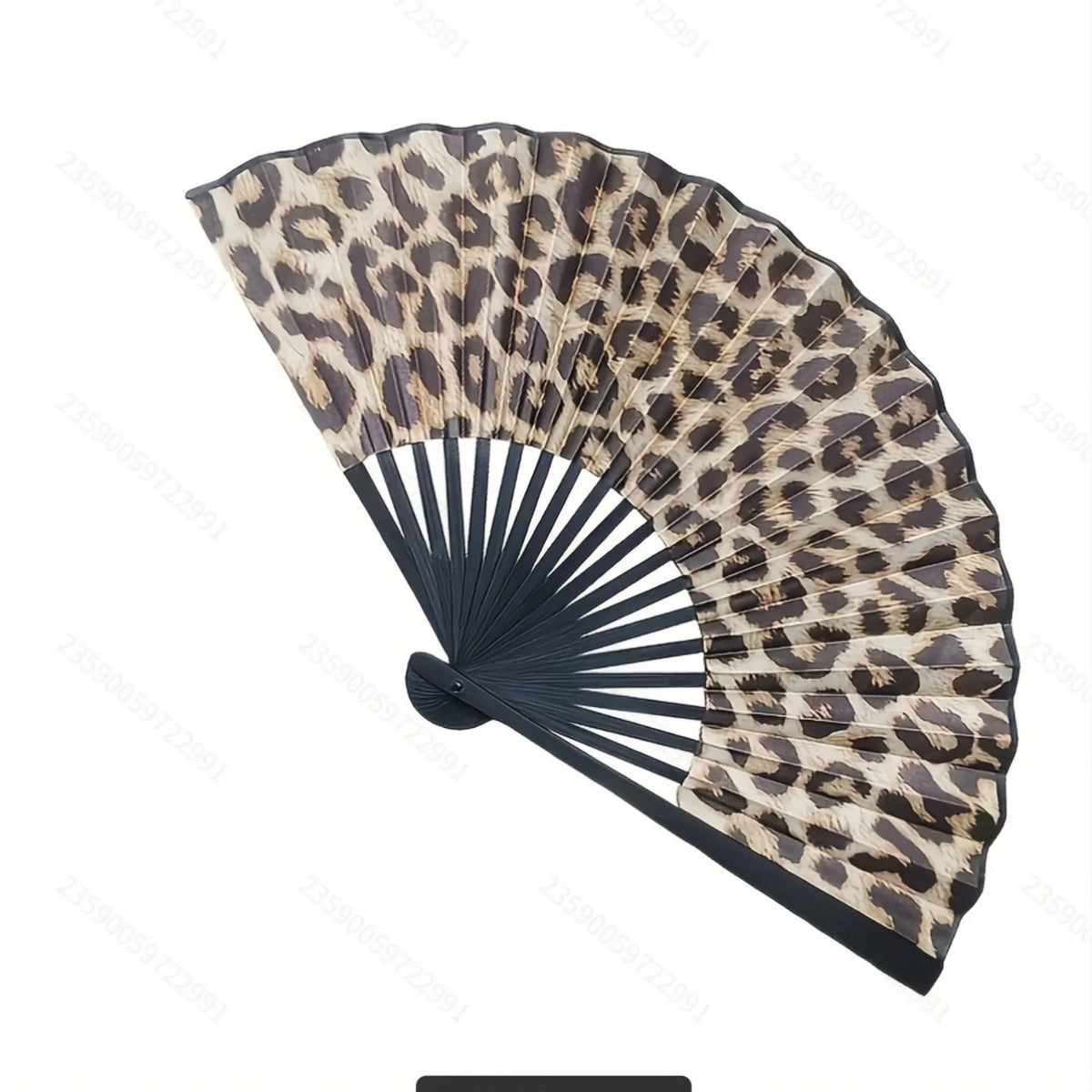 Leopard print folding hand fan with a black frame shown open and angled.