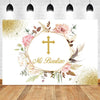 A white photography backdrop featuring gold glitter accents and floral greenery with a cross design for baptism or communion