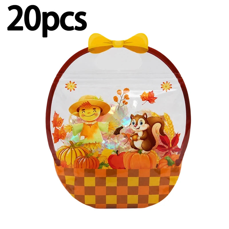 A set of 20 Halloween pumpkin witch treat bags in an orange and yellow checkered basket with a yellow bow.