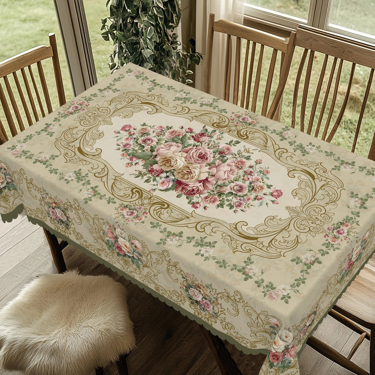 A beige floral tablecloth with pink roses and green leaves is displayed on a wooden table.