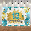 A vibrant birthday banner featuring blue and gold balloons and confetti against a white background.