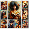 A collage of nine portraits depicting African American women reading books and engaging in thoughtful poses.