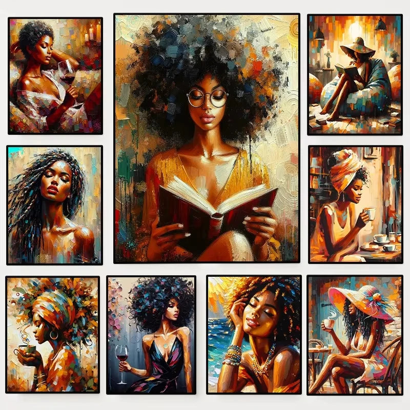 A collage of nine portraits depicting African American women reading books and engaging in thoughtful poses.