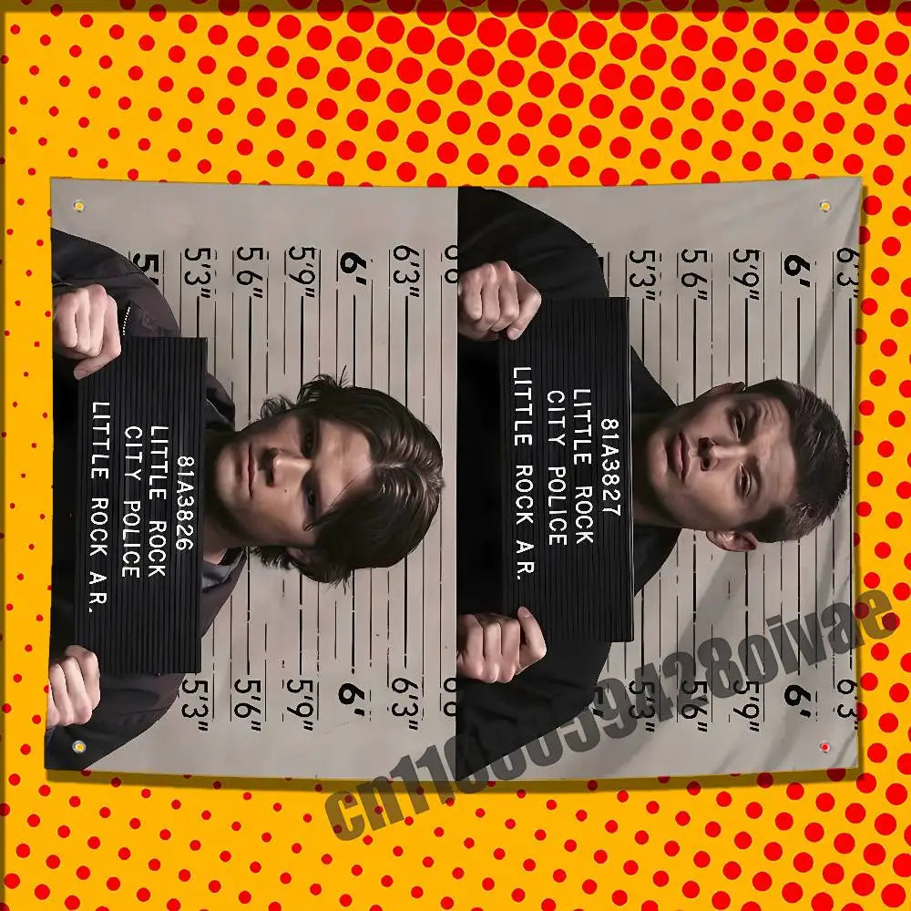 A printed polyester banner featuring a split image of Dean Winchester with various measurements and text.