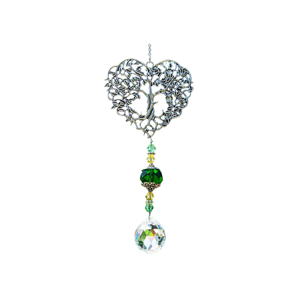 Silver crystal tree of life pendant with green and clear gemstone drops