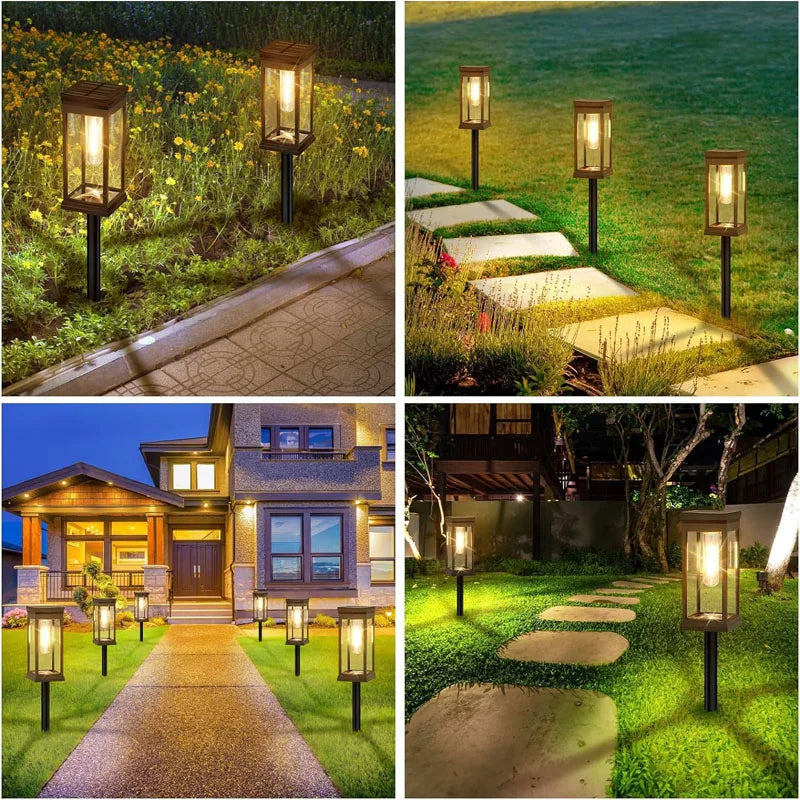 A set of retro solar pathway lights illuminating a garden path and landscaping at dusk.