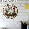 A rustic wooden wall sign featuring a ceramic chicken and text that reads Aquí la de los huevos soy yo