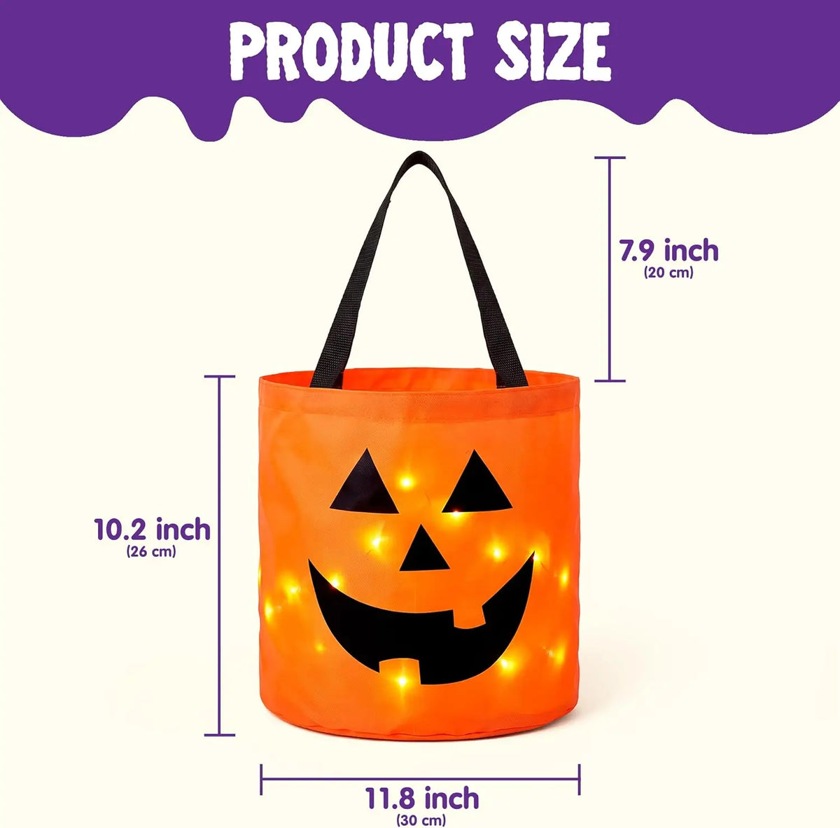 Citrouille d'Halloween éclairante orange avec poignée noire et mesures.