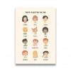 A print featuring illustrations of various children's faces representing the Hebrew alphabet.