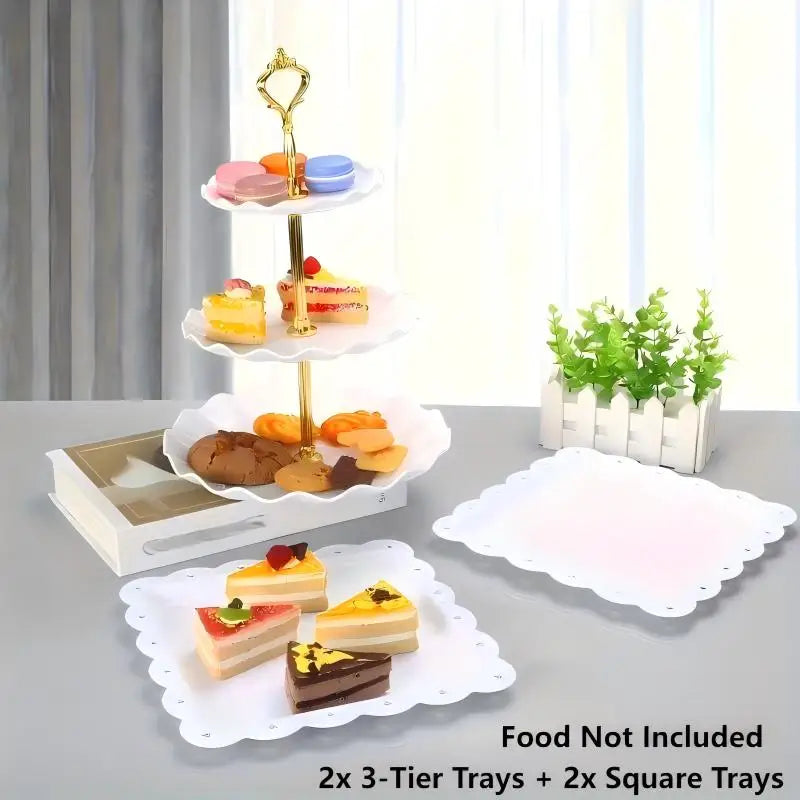 A set of decorative food trays including two 3-tier and two square white trays for serving