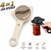 A beige 4-in-1 jar and bottle opener tool shown next to a glass jar with jam, demonstrating its functions.