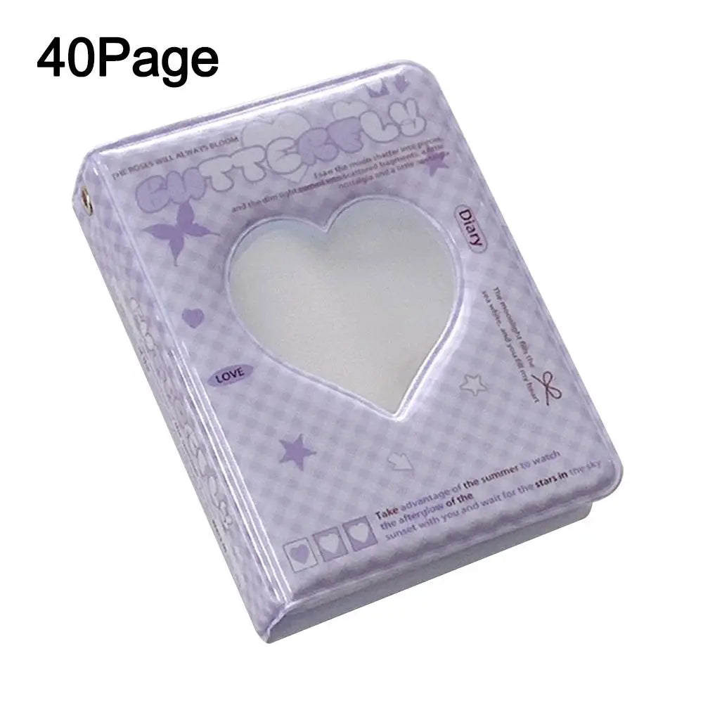 A purple 40Page photo album with a heart-shaped clear cover and text on the front.