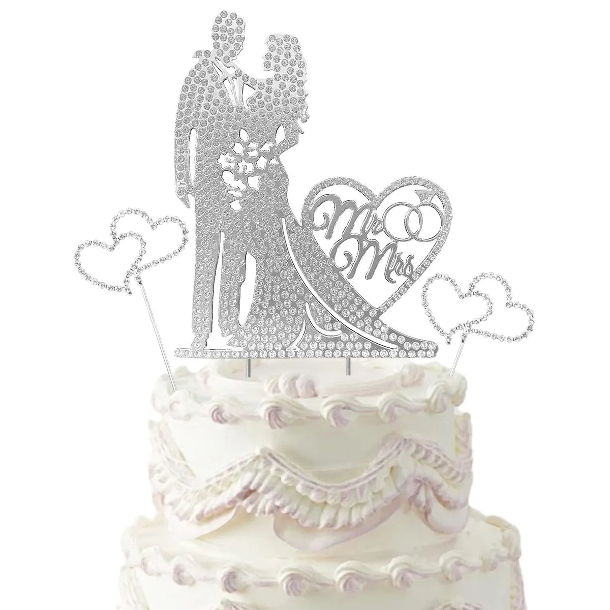 Silver crystal embellished Mr and Mrs wedding cake topper featuring a couple silhouette
