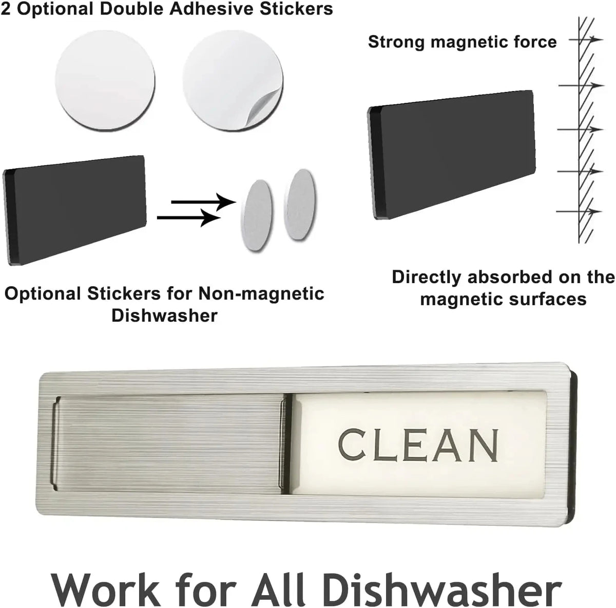 Stainless steel dishwasher sign with the word CLEAN, designed to be magnetic for kitchen use.