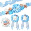 A set of blue floral maternity sash and corsage pins featuring roses and baby leaves.