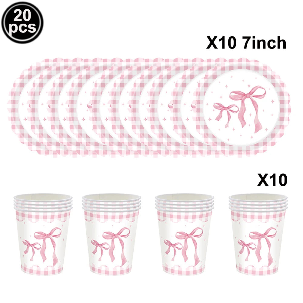 Set of 20 pink checkered cups with pink bows for birthday party supplies
