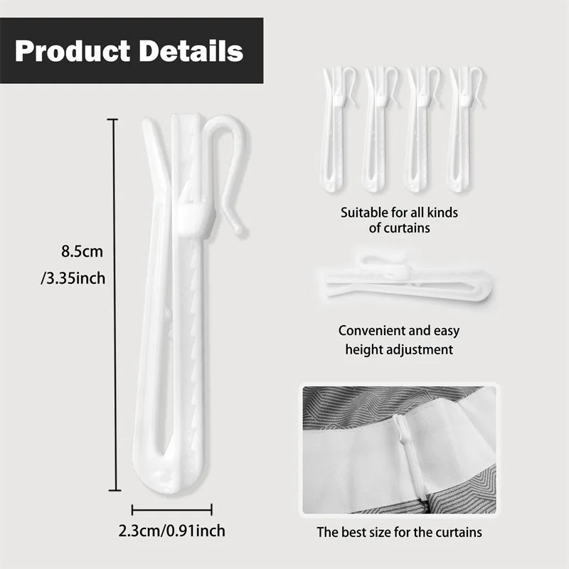 White adjustable pinch pleat curtain hooks for pleated drapes shown with dimensions and usage examples