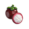 A glossy, reddish-brown fruit with green leaves is shown, featuring a white cross-section.