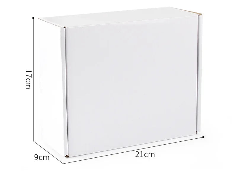A white rectangular box for a funny money shooter toy for parties, showing dimensions of 17cm high and 21cm long.