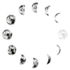 A circular arrangement of various moon phases, including full moon and crescent shapes, printed in black and white.