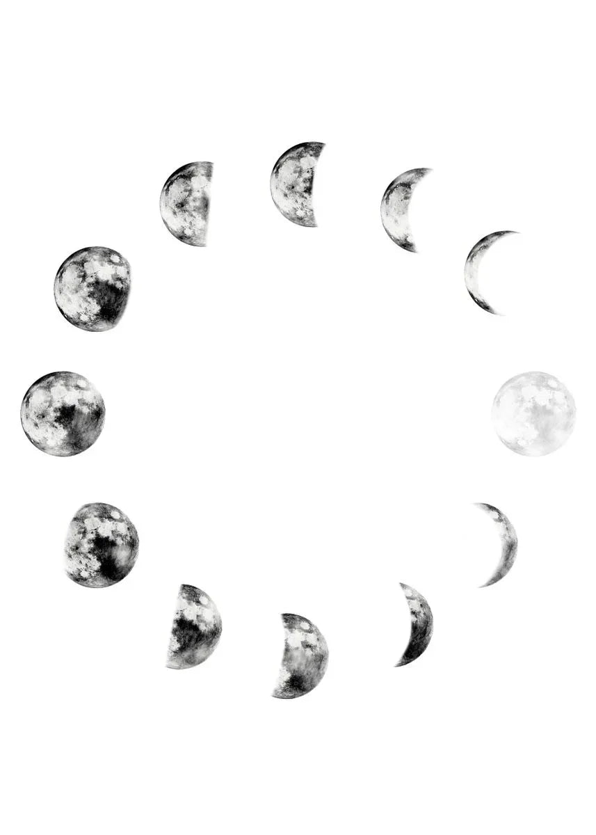 A circular arrangement of various moon phases, including full moon and crescent shapes, printed in black and white.