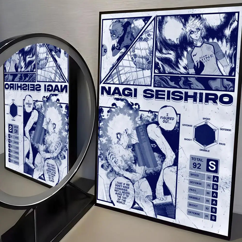 A canvas print featuring the NAGI SEISHIRO character from Blue Lock anime with detailed stats and artwork.