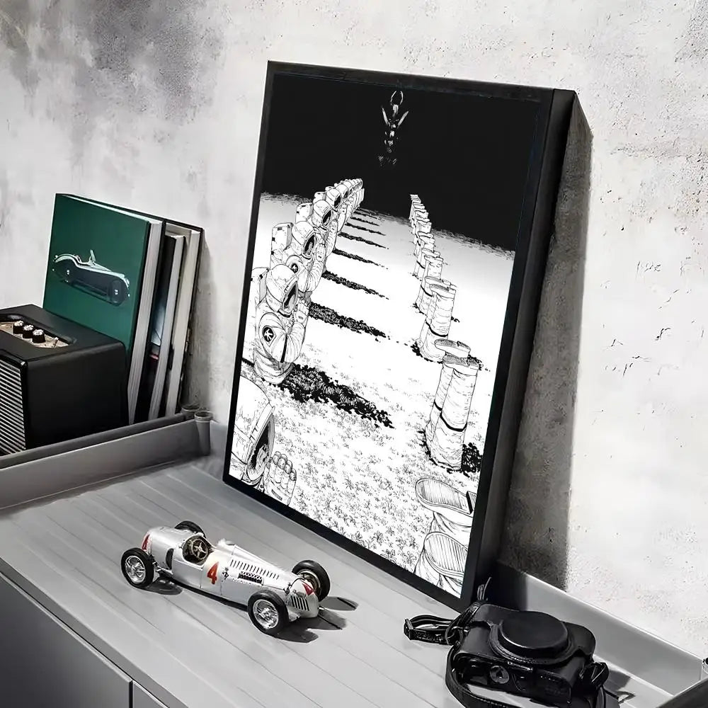 A framed black and white anime wall art print featuring a chainsaw character against a dark background.
