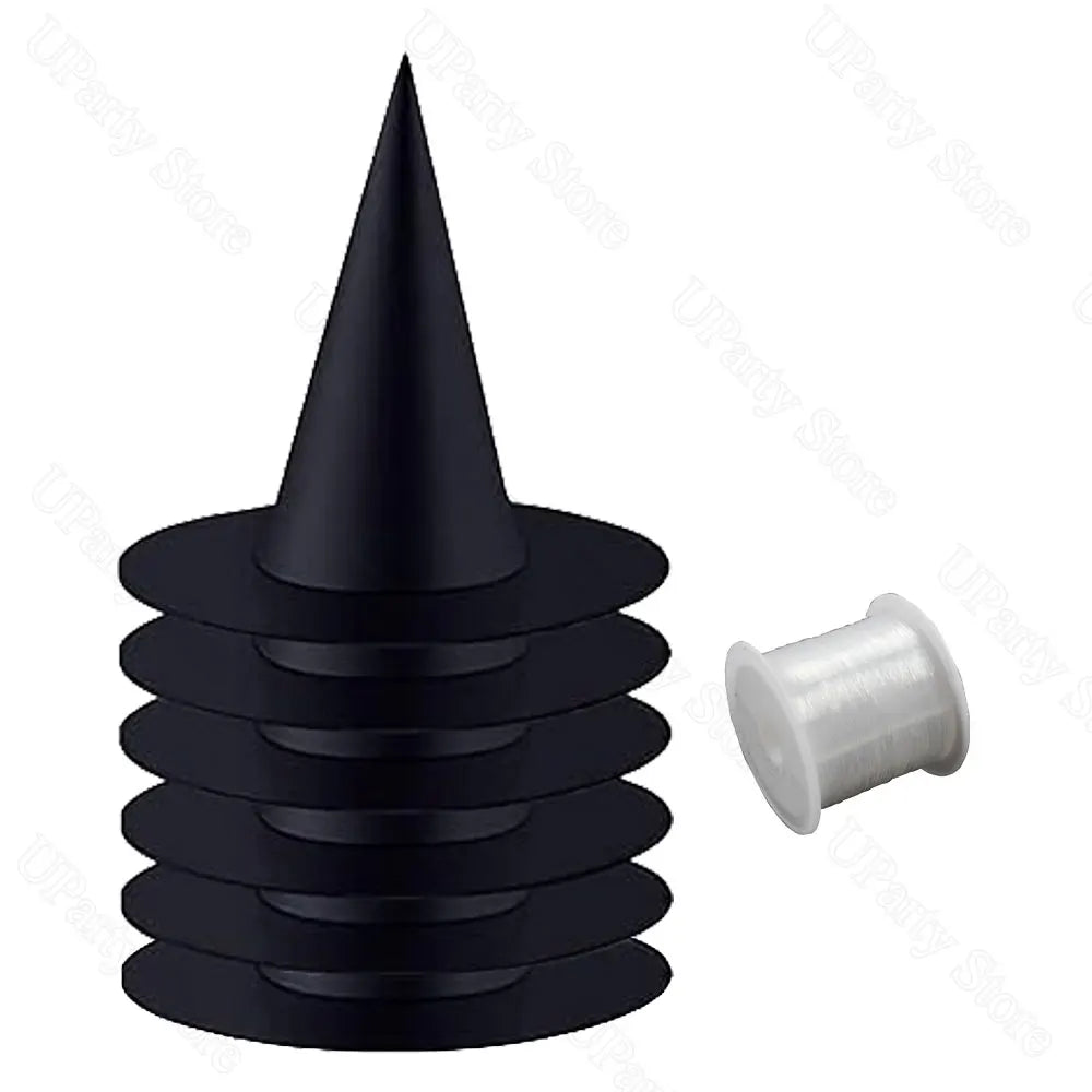 Classic black witch hat with a hanging rope for Halloween décor