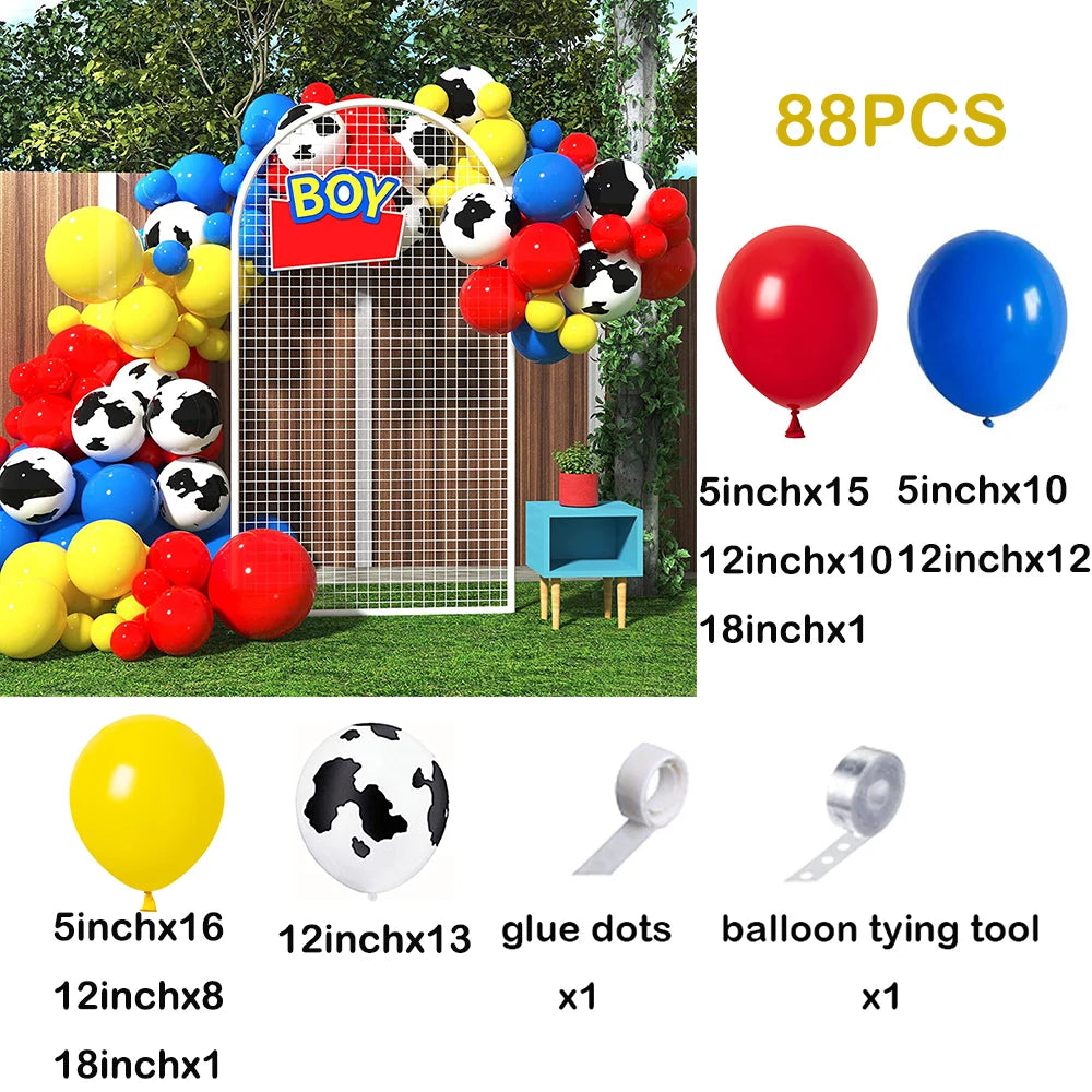 An 88 piece balloon garland arch kit featuring various colored balloons, star accents, and tools for decoration.