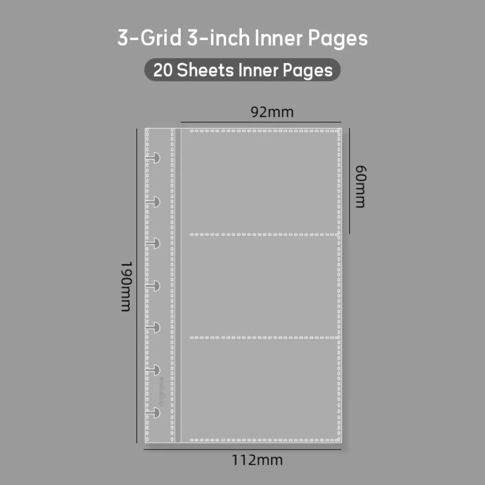 A vertical transparent photocards holder with 20 sheets of 3-inch inner pages.
