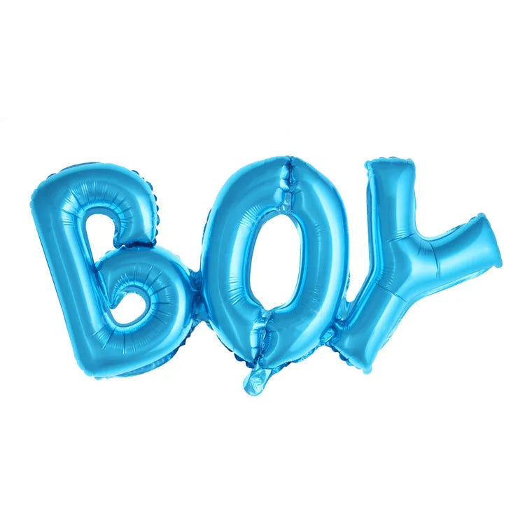 Blue foil letter balloons spelling out BOY