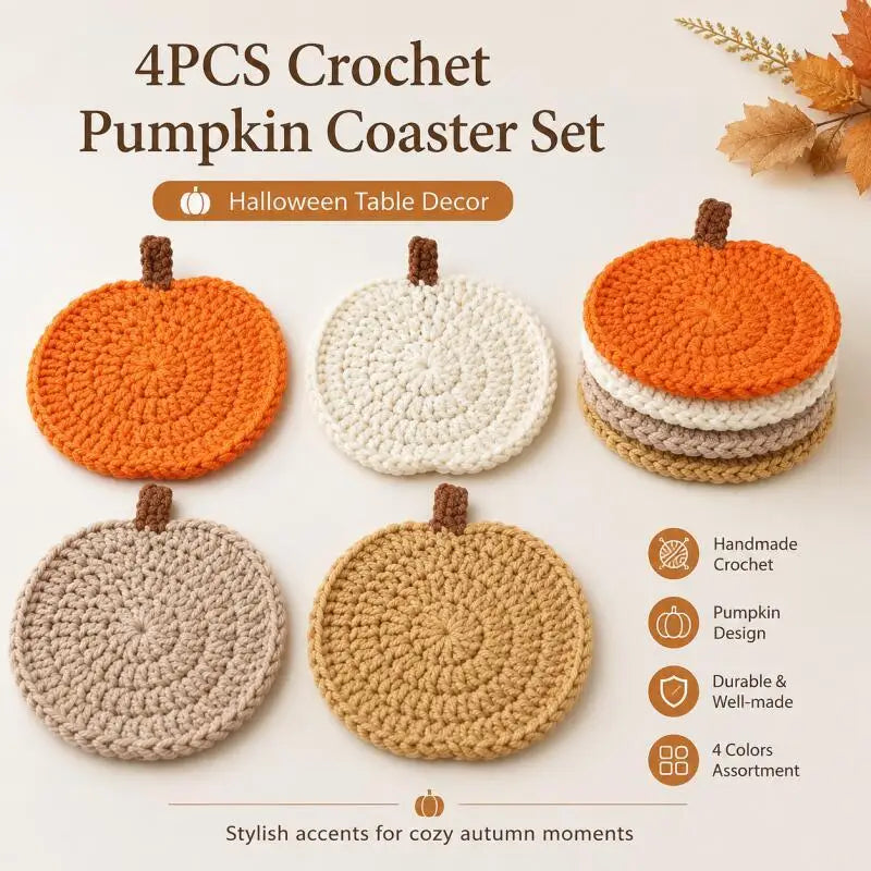 A set of four handmade crochet pumpkin coasters in various orange and beige tones for Halloween table decor