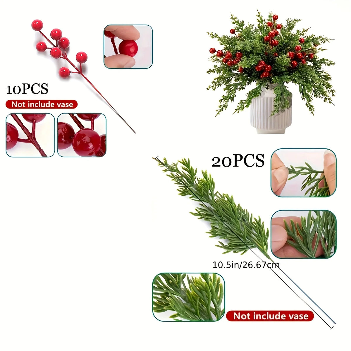 Artificial Pine Branches with Red Berries (Set of 30)